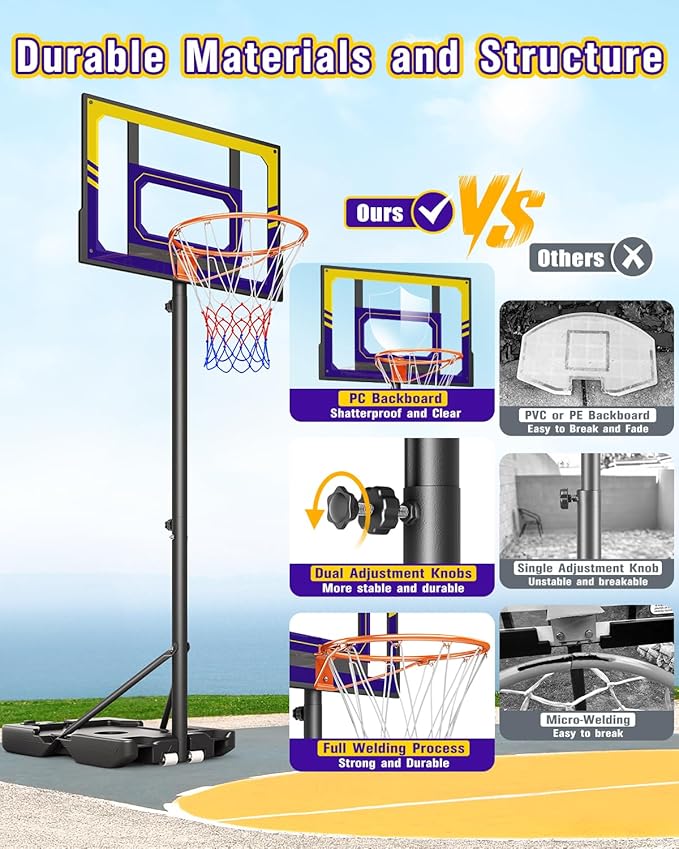 TONBUX Kids Basketball Hoop Outdoor, 3.5-7ft Stepless Adjustable Height, Portable Basketball Hoop for Kids in Backyard, Driveway and Indoor, Shatterproof PC Backboard