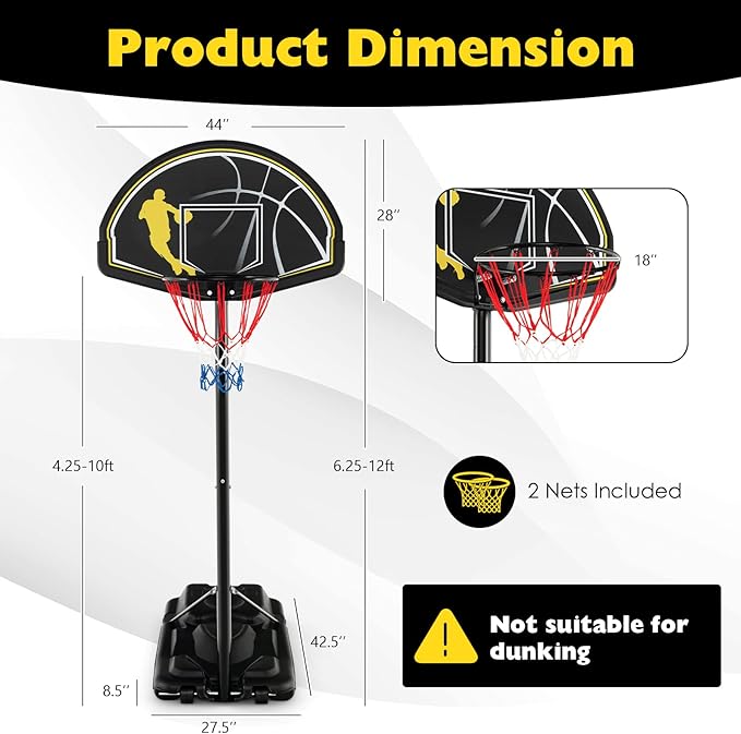 Goplus Portable Basketball Hoop Outdoor Indoor, 4.25-10FT 12-Level Adjustable Basketball Goal w/ 44’’ Shatterproof Backboard, Fillable Base, Basketball Stand System for Youth Adults