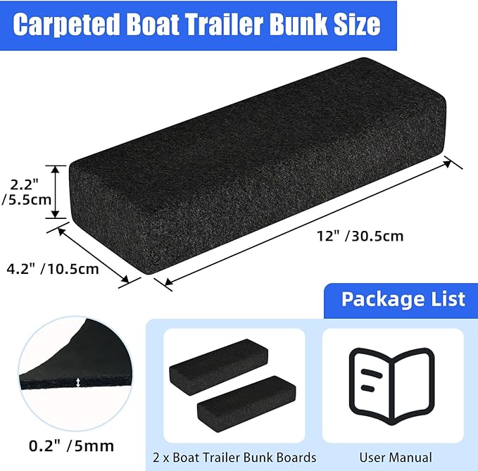 2 Pack Boat Trailer Bunks, Carpeted Bunk Boards, Black Marine Soft Carpet with Full Protection, Boat Trailer Guides for Various Boats, 2" x 4" x 12"
