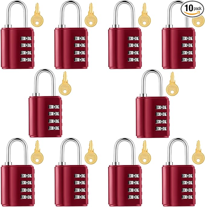 Kenning 10 Pcs Combination Padlock 4 Digit Combination Lock with Keys Locker Resetable Security Outdoor Waterproof Gate Lock for School Sports Gym Locker Employee Fence Case (Red)