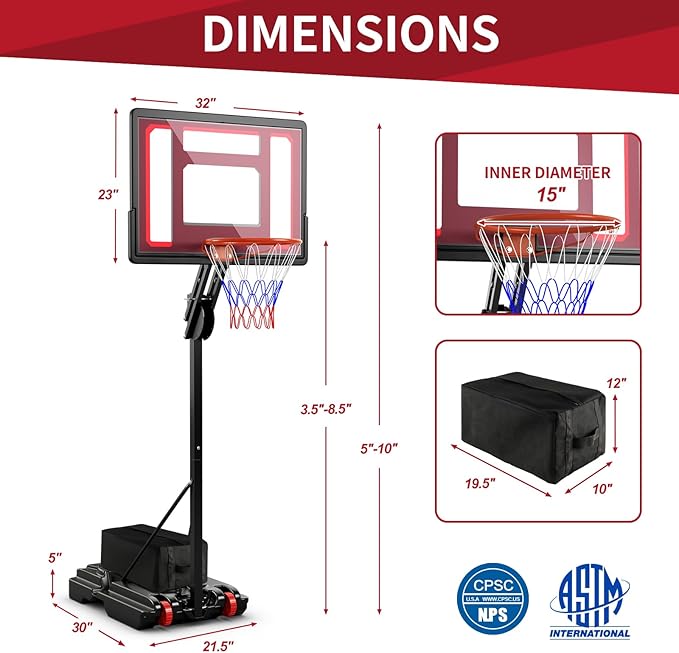 Giantex 10 Ft Basketball Hoop Outdoor - 5 FT to 10 FT Height Adjustable Indoor Portable Basketball Goal System with 2 Wheels, Weight Bag, Fillable Base, 32" Backboard, Perfect for Kids Teens Adults