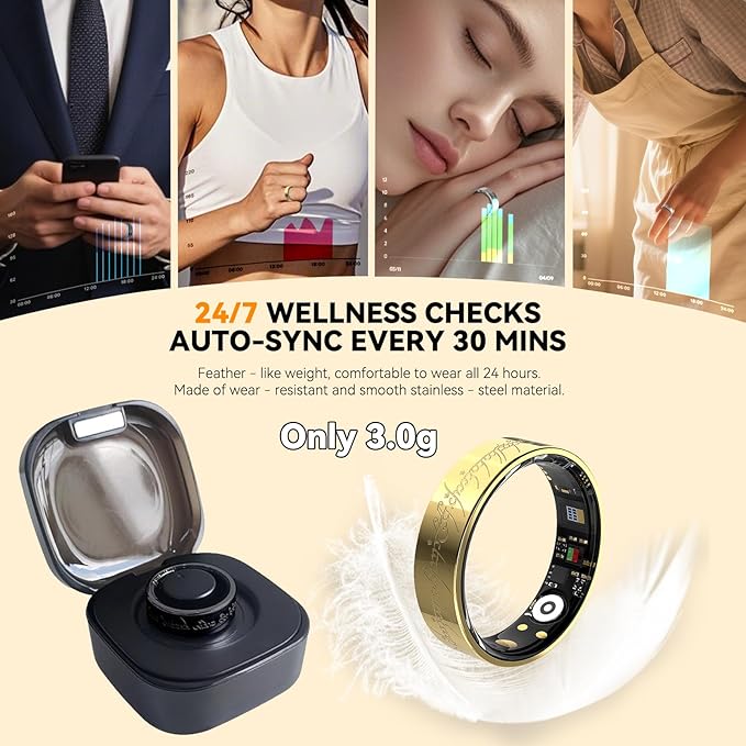 Ultra Smart Ring for Women Men,Health Fitness Tracker with Sleep/Blood Pressure/Oxygen Monitoring, Heart Rate & Activity Tracking,IP68 Waterproof, 5+Day Battery,No Subscription Fee 1-Gold 13