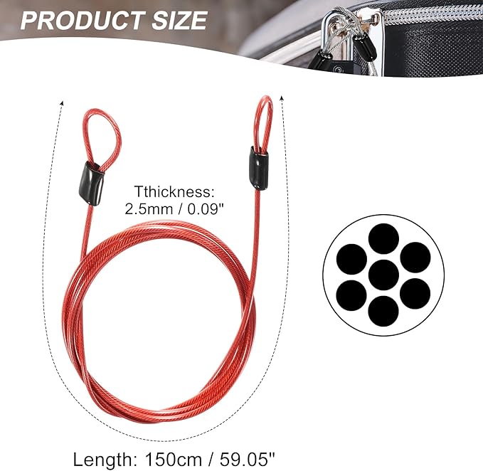 MECCANIXITY Security Steel Cable Lock, Safety Cable Flexible Wire Rope Luggage Lock 5feet 2.5mm Vinyl Coated Braided Steel with Double Loop for Bike Bicycle U-Lock Padlock Red