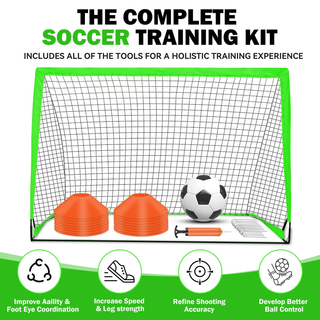Fololicx Green Soccer Goals for Backyard, 2 of 6x4ft Kids Soccer Net Training Equipment, Portable Pop Up Toddler Soccer Goal with Soccer Ball, Scoring Target Cloth, and Cones - Fun Youth Outdoor Games