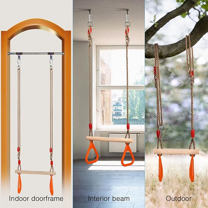PELLOR Kids Trapeze Bar with Rings,Wooden Trapeze Swing Bar for Ninja Warrior Obstacle Course,Children's Swing Set Indoor Outdoor Garden,Yard,Playground