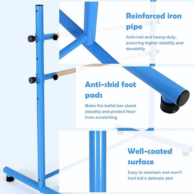 GOFLAME Double Ballet Barre Portable, 47” Freestanding Dancing Barre with 5 Adjustable Heights, Beech Wood Ballet Bar, Fitness Stretching Dancing Bar for Home, Gym, Dancing Room