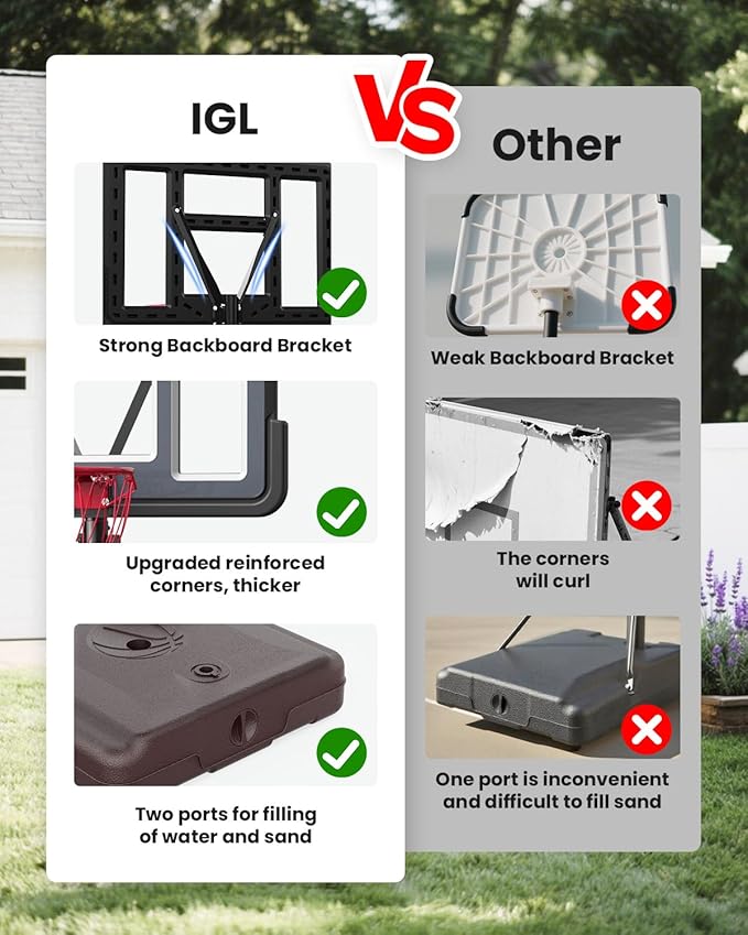 IGL Portable Basketball Hoop, 10ft Height Adjustable Basketball Goals Outdoor, 44 Inch Shatterproof Backboard Basketball Goal System for Backyard, Driveway, Court