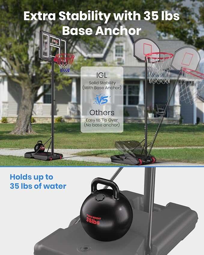 IGL Portable Basketball Hoop, 5.6-10FT Adjustable Basketball Goal System, 44 Inch Outdoor Basketball Hoop & Goals for Kids, Youth, and Adults in The Backyard, Driveway with PC Backboard