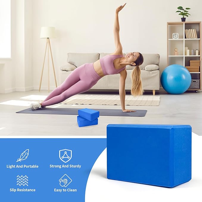 Yoga Block 2 Pack 9"x6"x3", Sturdy Yoga Foam Blocks, High Density & Non Slip Surface for Pilates & Stretching, Fitness Accessories for Stability & Balance