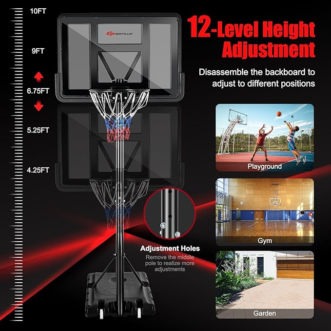 Goplus Portable Basketball Hoop, 10FT Height Adjustable Basketball Goal w/44‘’ Shatterproof Backboard, Outdoor Basketball Stand for Adults Backyard Driveway