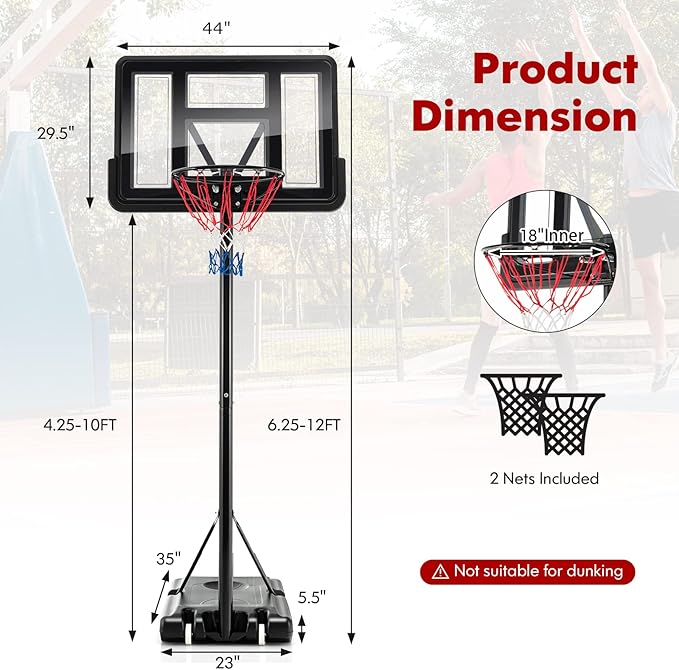 Goplus Portable Basketball Hoop, 10FT Height Adjustable Basketball Goal w/44‘’ Shatterproof Backboard, Outdoor Basketball Stand for Adults Backyard Driveway