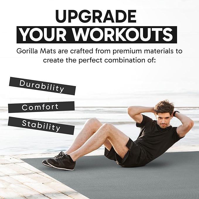 Gorilla Mats Premium Large Exercise Mat – 6x4', 7x4', x7x5', 8x4', 10x4' (1/4" Thick) Ultra Durable, Non-Slip, Workout Mat for Instant Home Gym Flooring – Great on Any Floor – Use With or Without Shoes