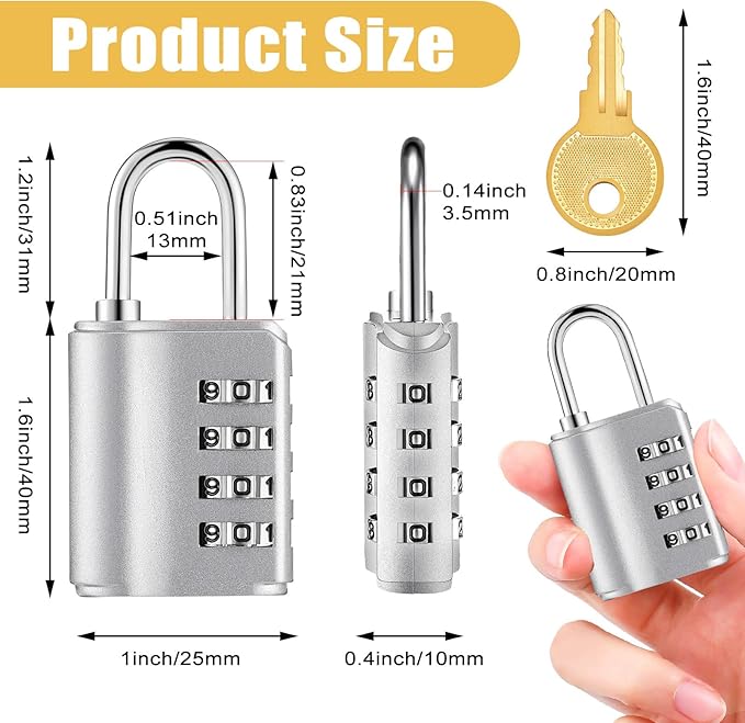 Kenning 10 Pcs Combination Padlock 4 Digit Combination Lock with Keys Locker Resetable Security Outdoor Waterproof Gate Lock for School Sports Gym Locker Employee Fence Case (Silver)