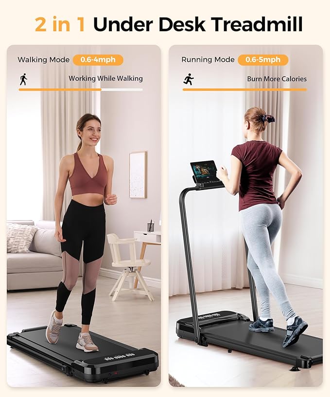 Walking Pad, Under Desk Treadmill, Walking Pad with Incline, 2 in 1 Treadmills for Home/Office, Compact Portable Foldable Treadmill, Installation-Free Low Noise, Safety Lock and LED Display