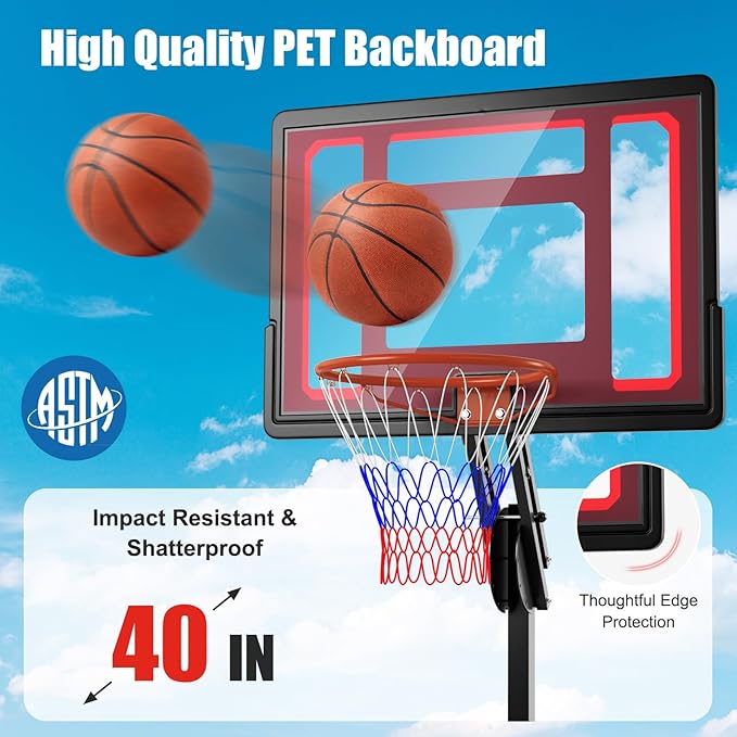 GYMAX Portable Basketball Hoop, 5 FT to 10 FT Adjustable Basketball Goal with 10 Heights, All Weather Basketball Stand System with Weight Bag & Wheels, for Youth Adult, Indoor Outdoor Pool, Court