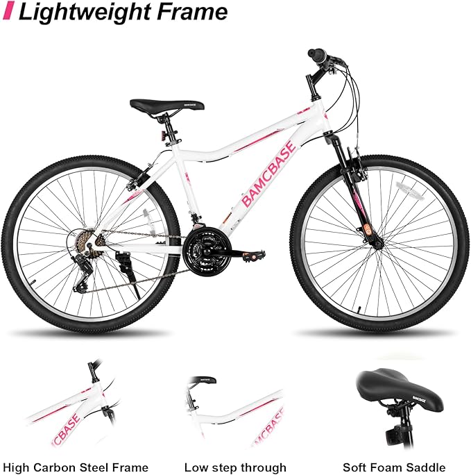 HILAND 26 Inch Womens and Mens Mountain Bike, 21 Speed Steel Frame Adult Bicycle, MTB Bikes with Suspension Fork, Purple Green White