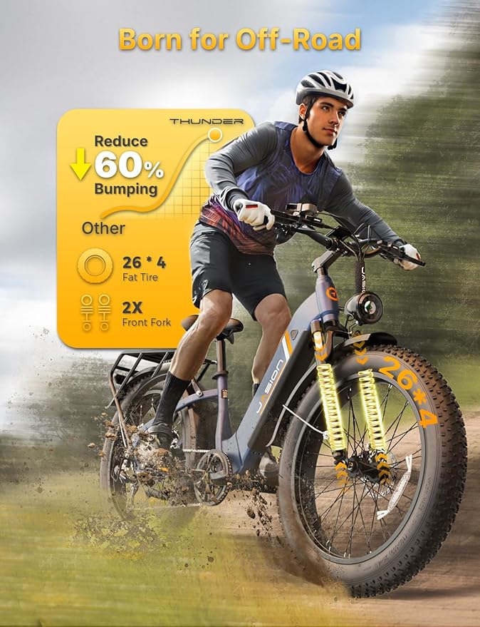 Jasion Thunder Electric Bike, 1500W Peak Motor, 30+MPH Max Speed & 80 Miles with 486Wh Removable Battery, APP Control Ebike for Adults, Hydraulic Brakes, Front Suspension, 26'' x 4'' Fat Tire Bicycles