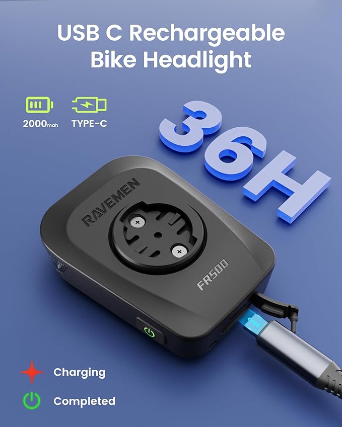 RAVEMEN FR500 Bike Front Light for Night Daytime Riding, Compatible with Garmin/Wahoo Computers, 6 Modes, Auto On/Off, Side Visible, USB-C Rechargeable & Output Bicycle Headlight for Road Urban Biking