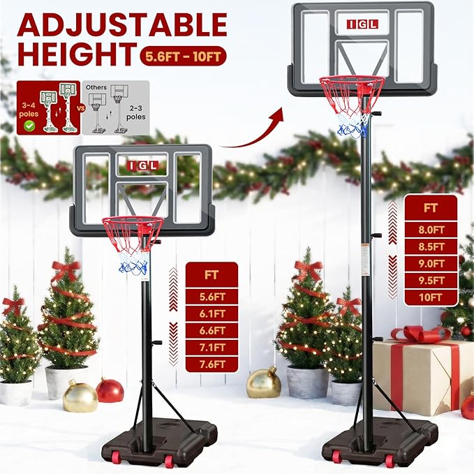 IGL Portable Basketball Hoop, 5.6-10FT Adjustable Basketball Goal System, 44 Inch Outdoor Basketball Hoop & Goals for Kids, Youth, and Adults in The Backyard, Driveway with PC Backboard