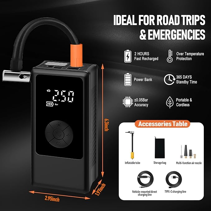 Tire Inflator Portable Air Compressor, 4000mAh Cordless Air Pump for Car Tires, 150 PSI Electric Bike Tire Pump with LED Light and Digital Pressure Gauge for Motorcycle, Auto, Ball, Bicycle