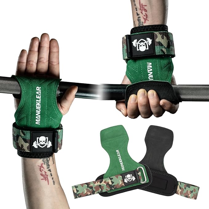 MANUEKLEAR Gym Straps Weight Lifting, Double Leather Lifting Straps for Men Deadlift with Cushion Wrist Loop, Gym Lifting Wrist Wraps for Weightlifting