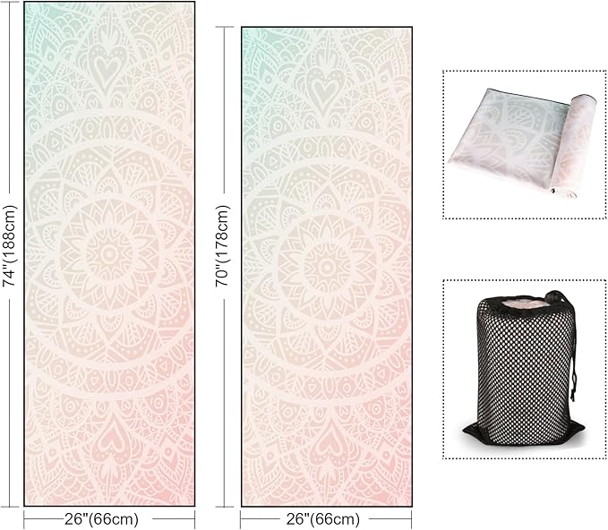 Colorful Star Yoga Towel with Corner Pockets, Non Slip Grip Dots Sweat Absorbent Hot Yoga Mat Towels, Soft Yoga Blankets with Travel Bag, Mat Cover for Workout, Gym, Fitness - 70"x26", Pink Mandala