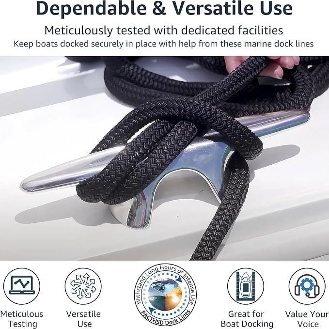 2 Pack 3/4" x 30' Dock Lines - Marine Grade Nylon Boat Rope with 18" Loop for Docking and Mooring - Double Braided Boat Lines, High Strength, Easy Handling, Heavy Duty, Fray Resistant - Black