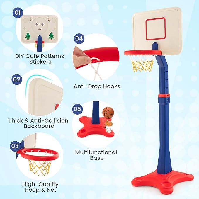 Costzon Kids Basketball Hoop, 8-Level Height Adjustable Basketball Goal Stand with Weighted Base, Indoor Toy Basketball Set Outdoor Play Sport for Boys Girls Age 3+