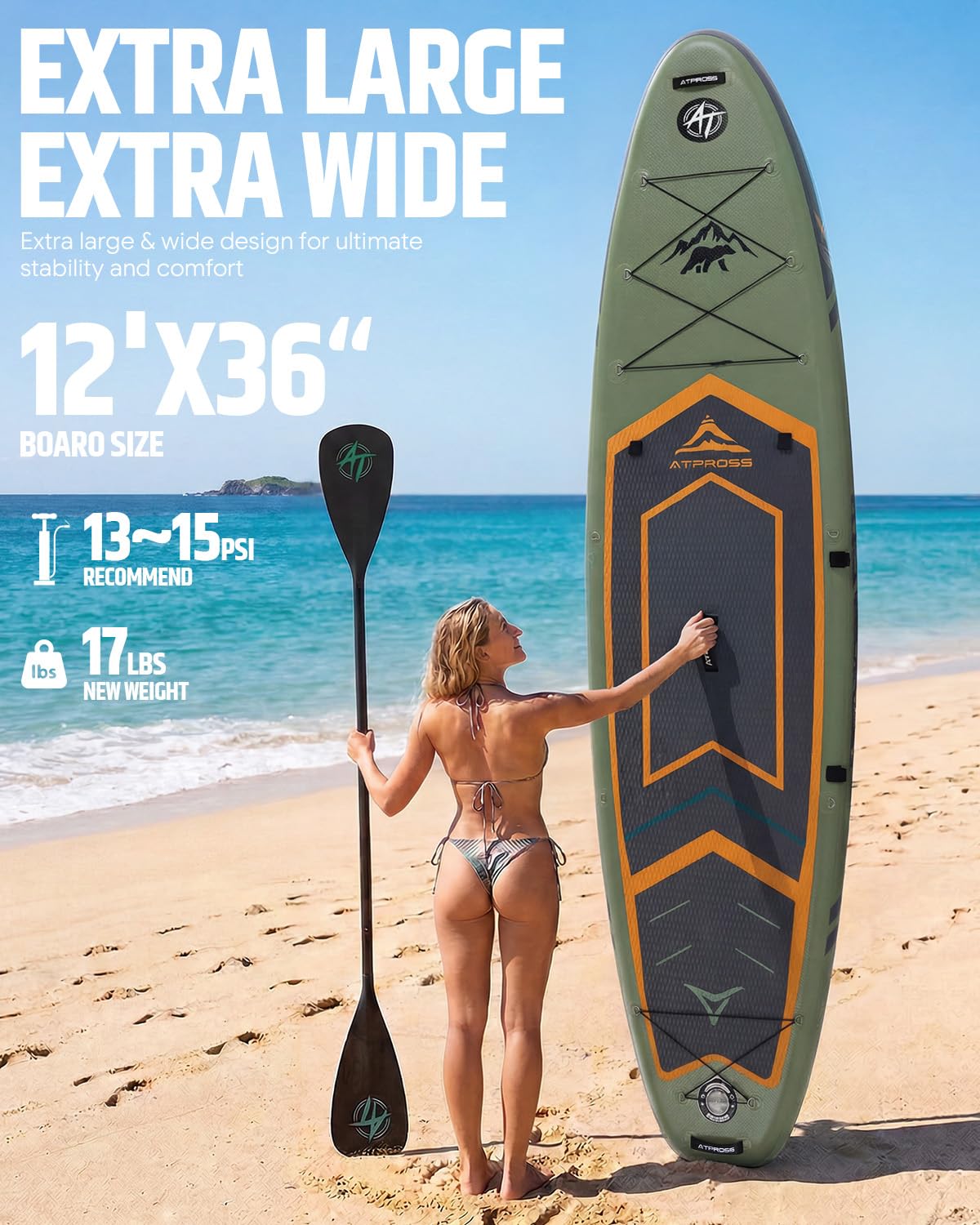 ATPROSS 12'x36 Inflatable Stand Up Paddle Board with Seat, 500lbs Wide SUP