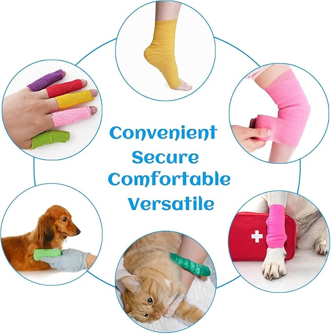 24 Rolls Elastic Self Adhesive Bandage Wrap 1 Inch, Breathable Non Woven Cohesive Bandage, Vet Wrap for Dogs, Ankle Sprains Swelling Medical First Aid Tape, Sports Athletic Tape Color