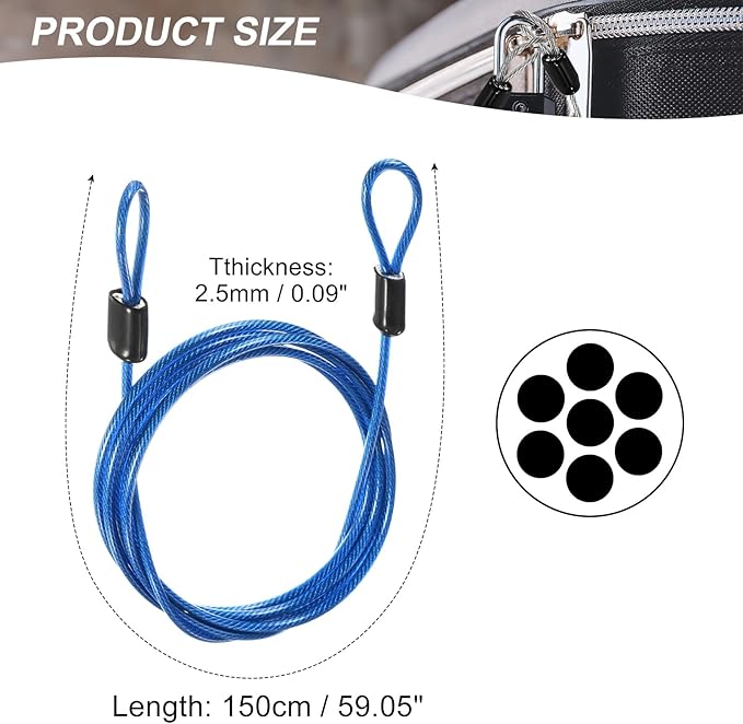 MECCANIXITY Security Steel Cable Lock, Safety Cable Flexible Wire Rope Luggage Lock 5feet 2.5mm Vinyl Coated Braided Steel with Double Loop for Bike Bicycle U-Lock Padlock Blue