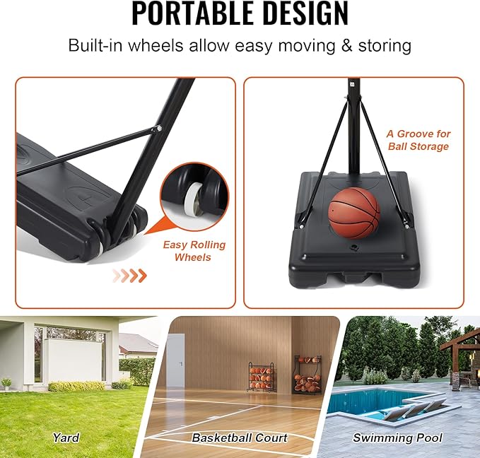 VEVOR Basketball Hoop/Rim, Adjustable Height Portable Backboard Court, Basketball Goal, Mobile Stand with Wheels Weighted Base, Youth&Adults, Outdoor/Indoor