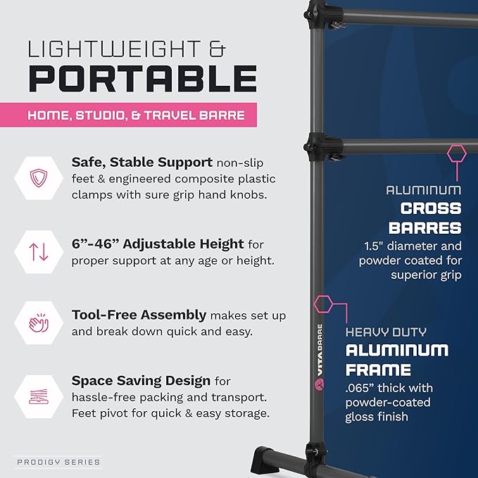 VITA Barre Portable Freestanding Double Ballet Barre, Prodigy, Aluminum | Adjustable Height, USA Made, Home or Gym Exercise Equipment for Kids & Adults | Dance, Fitness, Pilates