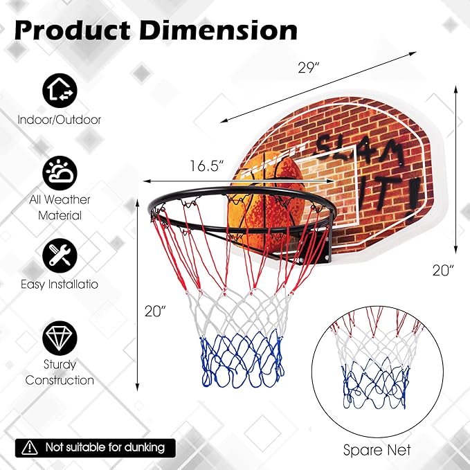 Goplus 29" x 20" Basketball Hoop Wall Mounted Portable Basketball Backboard Indoor Outdoor Sports Suitable for Adults and Kids Play