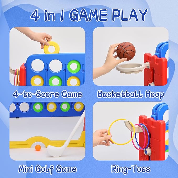 Giant 4 in A Row Game, Height Adjust Connect 4 Jumbo Yard Game Set for Kids & Adults with Mesh Catching Bag, Golf, Basketball Hoop & Ring Toss, 4-to-Score Games for Indoor/ Outdoor Fun