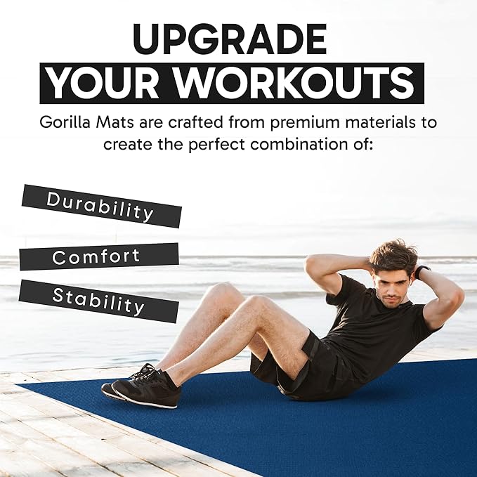 Gorilla Mats Premium Large Exercise Mat – 6x4', 7x4', x7x5', 8x4', 10x4' (1/4" Thick) Ultra Durable, Non-Slip, Workout Mat for Instant Home Gym Flooring – Great on Any Floor – Use With or Without Shoes