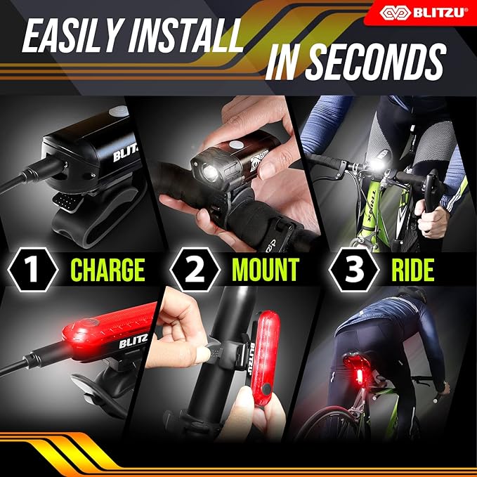 BLITZU Bike Lights, Super Bright Bicycle USB-C Rechargeable Headlight, Taillight & Bell Set, Waterproof Safety Front & Rear Back light for Night Riding, Easy to Install for Men Women Kids Road Cycling