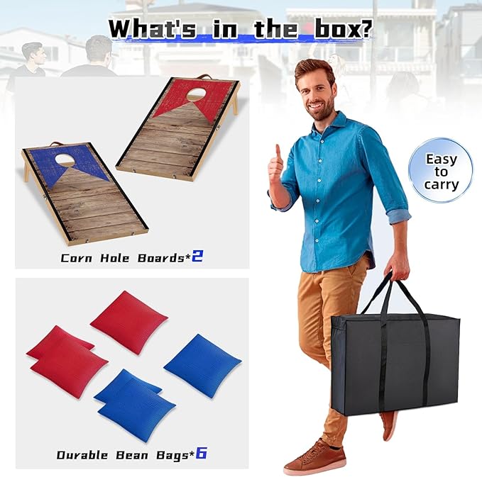 Portable 2 ft x 1 ft Cornhole Board Set with 6 Bean Bags Foldable Corn Hole Games for Adults and Kids Indoor or Outdoor Corn Hole Toss Games Backyard Tarvel(Light Wood)