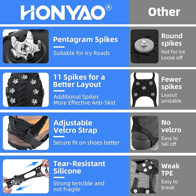 Ice Cleats Crampons for Shoes and Boots, Stainless Steel Ice Grippers Spikes Grips Traction for Winter Ice Snow, Hiking Climbing Ice Fishing