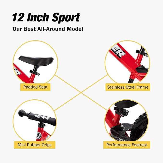 Strider 12” Sport Bike - No Pedal Balance Bicycle for Kids 1 to 4 Years - Includes Safety Pad, Padded Seat, Mini Grips & Flat-Free Tires - Tool-Free Assembly & Adjustments