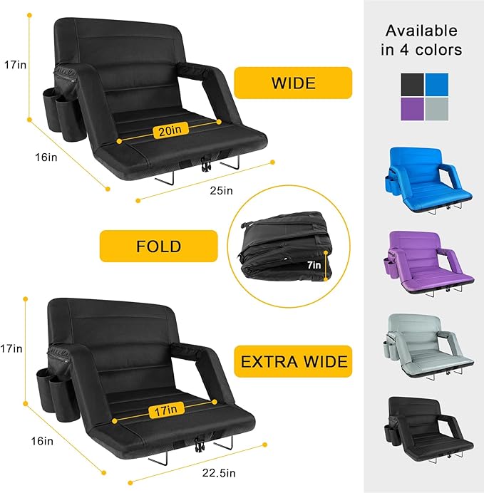 Stadium Seats with Back Support 2 Pack Wide, Exclusive Bleacher Chairs with Back and Cushion Folding Stadium Chairs, 6 Reclining Positions Waterproof Bleacher Seats (Wide|22.5" Black)