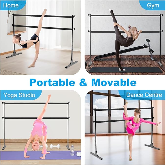 4FT/5FT/6FT Height Adjustable Freestanding Ballet Barre with Fabric Sleeve Portable Double Ballet Bar 350 lbs Capacity Heavy Duty Dance Barre for Home Workout, Stretch