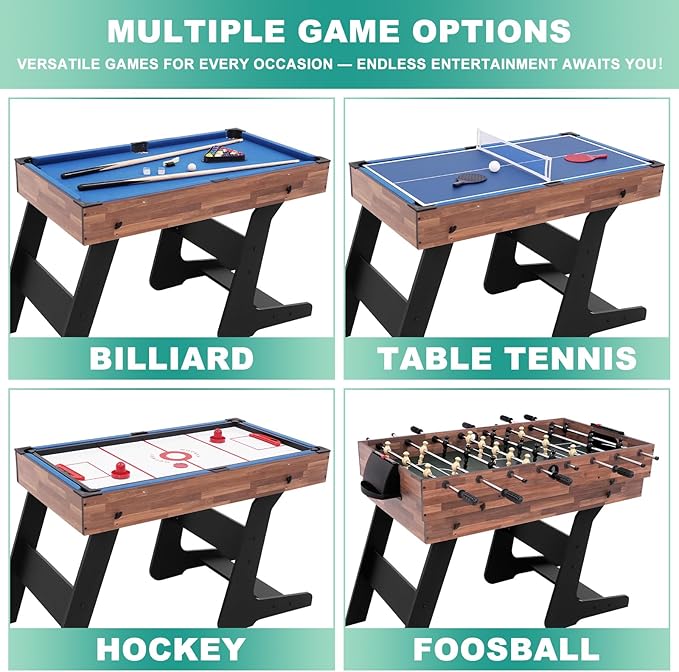 4-in-1 Multi Game Table, 54“ Foldable Combo Game Table Set with Ping Pong, Hockey, Pool Billiards and Foosball for Adults, Home, Game Room, Friends & Family（Dark Wood Grain）