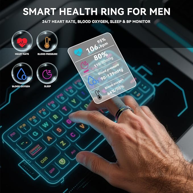 Smart Ring for Women Men,Health Fitness Tracker with Sleep/Blood Pressure/Oxygen Monitoring, Heart Rate & Activity Tracking,IP68 Waterproof, 7-Day Battery,No Subscription Fee 3-Black 12