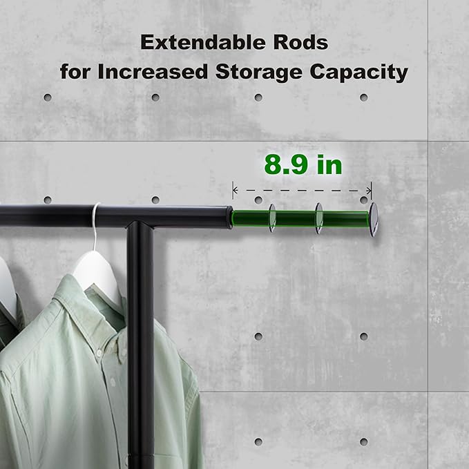 ikloo Heavy Duty Clothes Rack with Wheels load 130 LBS, Metal Rolling Clothing Rack with Extendable Rod & Bottom Shelf, Portable Closet Organizer, Storage for Hanging Clothes, Black