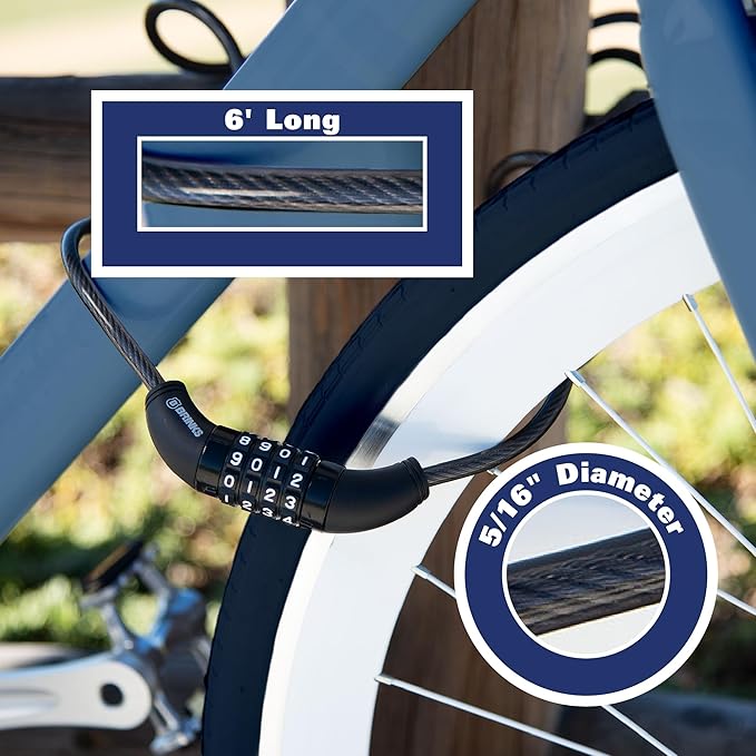 BRINKS 6 ft Outdoor Bike Lock Cable, Anti Theft Self-Coiling Design, Resettable 4-Dial Combination, 5/16" Weather-Resistant Vinyl Coating for Bikes