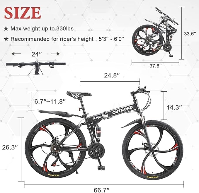 26 Inch Folding Mountain Bike with High Carbon Steel, 21 Speed City Bike with Dual Suspension, Folding Bicycle for Adults Men and Women
