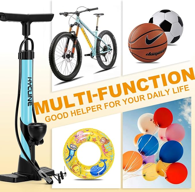 Hycline Bike Floor Pump with Gauge: 160 PSI High Pressure Bicycle Pumps - Durable Air Pump Fits Presta & Schrader Valve - Inflator for Road MTB Tire, Ball, Balloon, Inflatables