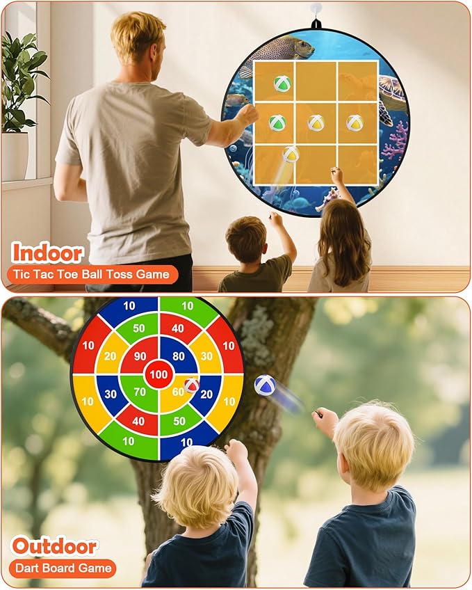 2-in-1 Outdoor Giant Tic Tac Toe Bean Bag Toss Games with Dart Board, 26" Dart Board with Sticky Balls Double-Sided Tic Tac Toe for Kids Adults Large Lawn Carnival Yard Birthday Family Party Games