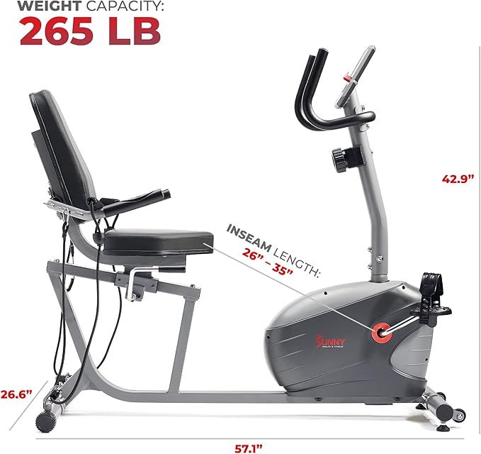 Sunny Health & Fitness Smart Indoor Recumbent Bike Trainer, Home Full Body Workout & Cardio Cycling Machine for Seniors, Free SunnyFit Bluetooth Connect, Optional Arm Exerciser Hand Cycle & Bands